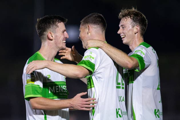 September 30, 2026, xkwix, Soccer, Krombacher Westphalia Cup, SC Herford vs. FC Gütersloh, Ludwig Jahn Stadium, Round of 16, 2026–2027 Season: Justin Lukas (FC Gütersloh 22) celebrates a goal with Aleksandar Kandic (FC Gütersloh 27) and Hannes John (FC Gütersloh 25) after scoring the 0–3 goal. DFB regulations prohibit any use of photographs as image sequences and or quasi-video. Photo: xKamilxWilkowskixPressefotoKochx North Rhine-Westphalia, Germany
