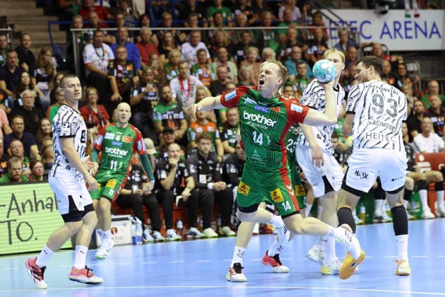 September 30, 2026, xBHAx, Handball, Opel HBL, 2026–2027 Season, 1st HBL, SC Magdeburg vs. THW Kiel, GETEC Arena, Omar Ingi Magnusson, SC Magdeburg No. 14 on offense, Saxony-Anhalt, Germany