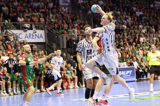 September 30, 2026, xBHAx, Handball, Opel HBL, 2026–2027 Season, 1st HBL, SC Magdeburg vs. THW Kiel, GETEC Arena, Eric Johansson (THW Kiel) No. 21 on offense, Saxony-Anhalt, Germany