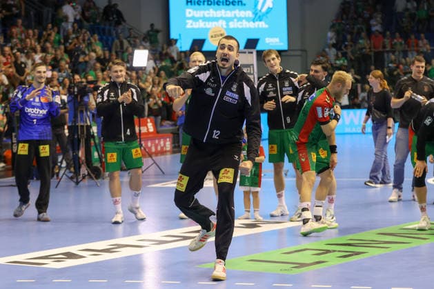 September 30, 2026, xgox, Opel HBL Handball, SC Magdeburg vs. THW Kiel, emspor, from left: Matej Mandic (Magdeburg), 12: Celebrating the victory, Celebrations after the game (Magdeburg)
