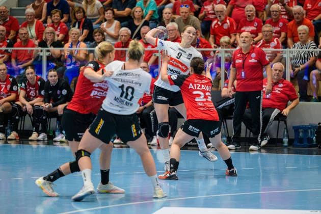 Nieke Kuehne, HSG Blomberg Lippe, 09, Natsuki Aizawa, Thueringer HC, 23, Maxi Muehlner HSG Blomberg Lippe, 10, A Bra Oddsdottir Hagalin Thueringer HC, 06 GER, Thueringer HC vs. HSG Blomberg Lippe, Handball, DHB Cup, 2026–2027 season, 2nd round, Wednesday, 7:00 p.m., September 30, 2026 GER, Thuringer HC vs. HSG Blomberg Lippe, Handball, DHB Cup, 2026–2027 season, Round 2, Wednesday, 7:00 p.m., September 30, 2026, Bad Langensalza Copyright: xMartinxHerbstx