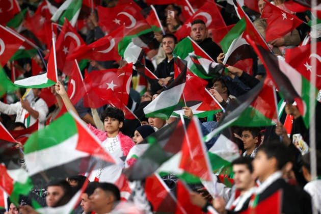Konyaspor v Palestine - Friendly KONYA, TURKIYE - SEPTEMBER 30: Fans wave Turkish and Palestinian flags in the stands during a friendly match between Konyaspor and the Palestine National Football Team as part of Palestine Day events at Konya Metropolitan Municipality Stadium in Konya, Turkiye on September 30, 2026. Serhat Çetinkaya Anadolu Konya Turkey. Editorial use only. Please get in touch for any other usage.  Copyright: x2026xAnadoluxSerhatxÃ‡etinkayax