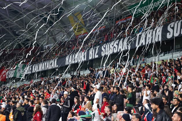 Konyaspor v Palestine - Friendly KONYA, TURKIYE - SEPTEMBER 30: Fans wave Turkish and Palestinian flags in the stands during a friendly match between Konyaspor and the Palestine National Football Team as part of Palestine Day events at Konya Metropolitan Municipality Stadium in Konya, Turkiye on September 30, 2026. Serhat Çetinkaya Anadolu Konya Turkey. Editorial use only. Please get in touch for any other usage.  Copyright: x2026xAnadoluxSerhatxÃ‡etinkayax