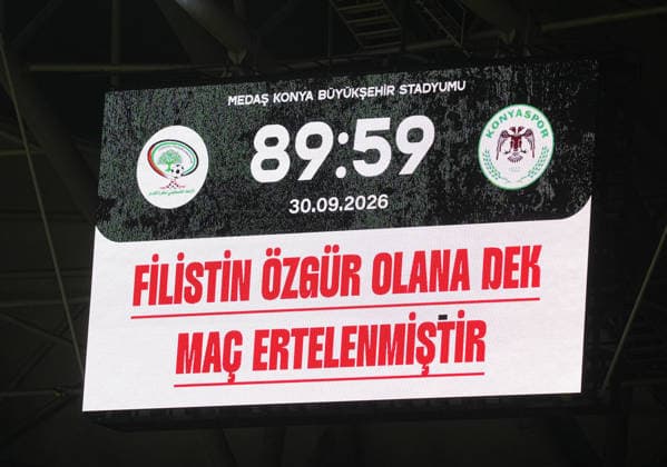 Konyaspor v Palestine - Friendly KONYA, TURKIYE - SEPTEMBER 30: The stadium screen displays the message The match is postponed until Palestine is free as the friendly match between Konyaspor and the Palestine National Football Team is concluded early in the 89th minute as part of Palestine Day events at Konya Metropolitan Municipality Stadium in Konya, Turkiye on September 30, 2026. Evrim Aydin Anadolu Konya Turkey. Editorial use only. Please get in touch for any other usage.  Copyright: x2026xAnadoluxEvrimxAydinx