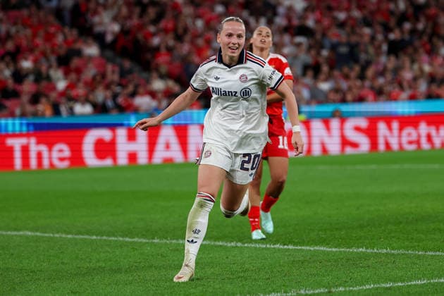 Lisbon, Portugal, September 30: Franziska Kett of FC Bayern Munich is seen celebrating after scoring a goal to make the score 0–3 during the UEFA Women’s Champions League 2026–27 group stage, Matchday 2, between SL Benfica and FC Bayern Munich on September 30, 2024, in Lisbon, Portugal Copyright: HMBxMedia JoaquimxFerreira