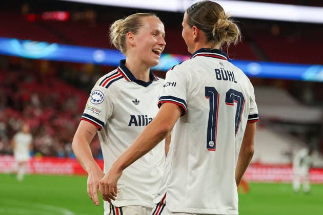 Lisbon, Portugal, September 30: Franziska Kett of FC Bayern Munich and Klara Bühl of FC Bayern Munich are seen celebrating after scoring a goal to make the score 0–3 during the 2026–27 UEFA Women’s Champions League, a Group Stage Matchday 2 match between SL Benfica and FC Bayern Munich on September 30, 2024, in Lisbon, Portugal Copyright: HMBxMedia JoaquimxFerreira