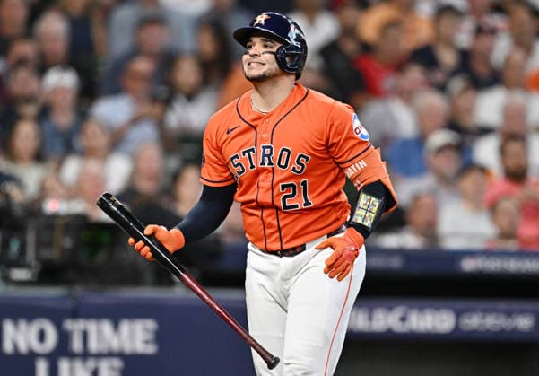 Houston Astros Yainer Diaz (21) reacts after striking out swinging against the Chicago White Sox in the first inning of an MLB, Baseball Herren, USA American League Wild Card game at Daikin Park in Houston, Texas, on Wednesday, September 30, 2026.  HOU20260930719 MARIAxLYSAKER