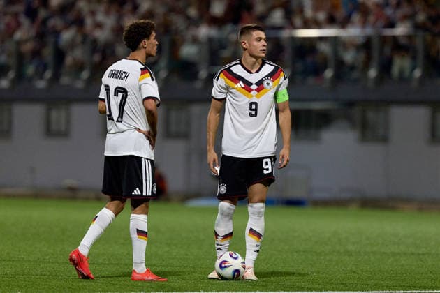 Nicolo Tresoldi of Germany prepares to take a free-kick prior to scoring the 1-4 goal during the UEFA Under-21 Championship 2027, qualifying round Group F match between Malta and Germany at the Centenary Stadium, in Ta Qali, Malta, on 30 September, 2026. UEFA Under 21 Championship 2027 Qualifying; Under 21 Qualifying;
