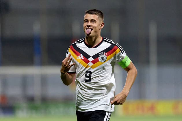 Nicolo Tresoldi of Germany reacts in celebration after scoring the 1-4 goal during the UEFA Under-21 Championship 2027, qualifying round Group F match between Malta and Germany at the Centenary Stadium, in Ta Qali, Malta, on 30 September, 2026. UEFA Under 21 Championship 2027 Qualifying; Under 21 Qualifying;