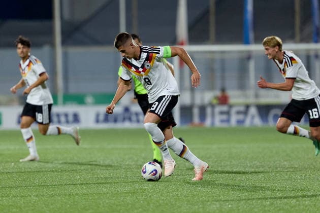 Nicolo Tresoldi of Germany is in action during the UEFA Under-21 Championship 2027, qualifying round Group F match between Malta and Germany at the Centenary Stadium, in Ta Qali, Malta, on 30 September, 2026. UEFA Under 21 Championship 2027 Qualifying; Under 21 Qualifying;