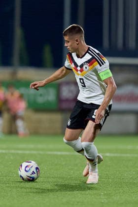 Nicolo Tresoldi of Germany is in action during the UEFA Under-21 Championship 2027, qualifying round Group F match between Malta and Germany at the Centenary Stadium, in Ta Qali, Malta, on 30 September, 2026. UEFA Under 21 Championship 2027 Qualifying; Under 21 Qualifying;