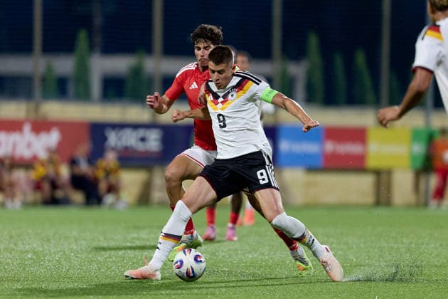 Nicolo Tresoldi of Germany is in action during the UEFA Under-21 Championship 2027, qualifying round Group F match between Malta and Germany at the Centenary Stadium, in Ta Qali, Malta, on 30 September, 2026. UEFA Under 21 Championship 2027 Qualifying; Under 21 Qualifying;
