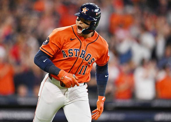 Houston Astros Cam Smith (11) celebrates after hitting a solo home run against the Chicago White Sox in the second inning of an MLB, Baseball Herren, USA American League Wild Card game at Daikin Park in Houston, Texas, on Wednesday, September 30, 2026.  HOU20260930723 MARIAxLYSAKER