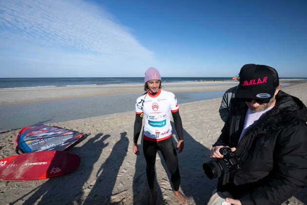 PWA Citroën World Windsurfing Tour Sylt 2026 Day 5 Slalom Foil Men Sylt Westerland, September 30, 2026 Lennert Neubauer Freestyle Men, Greece, GRE 734, the new Freestyle World Champion, PWA Citroën World Windsurfing Tour Sylt 2026, Day 5, Slalom Foil Men, on September 30, 2026, off Brandenburger Beach, motorboat on Sylt, Westerland, Germany Copyright: xBEAUTIFULxSPORTS AndreasxDickx