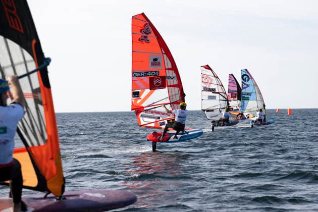 PWA Citroën World Windsurfing Tour Sylt 2026, Day 5: Slalom Foil Men, Sylt Westerland, September 30, 2026; Fabian Wolf, Slalom Foil Men, Germany, GER 404 Noah Vinther, Slalom Foil Men, Denmark, DEN 7777 Hugo Sjoberg, Slalom Foil Men, Sweden, SWE 45 PWA Citroën World Windsurfing Tour Sylt 2026 Day 5 Slalom Foil Men on September 30, 2026, off Brandenburger Beach, motorboat on Sylt, Westerland, Germany Copyright: xBEAUTIFULxSPORTS AndreasxDickx