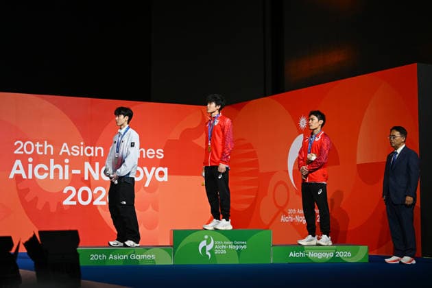 (L-R) LEE Dohyun (KOR), Sorato Anraku (JPN), Tomoa Narasaki (JPN), SEPTEMBER 30, 2026 - Sports Climbing : Men s Boulder Award ceremony at Nagoya International Exhibition Hall (Portmesse Nagoya) during the Asian Games Aichi-Nagoya 2026 in Aichi, Japan. Noxthirdxpartyxsales  aflo_352176101 KenjiroxMatsuox