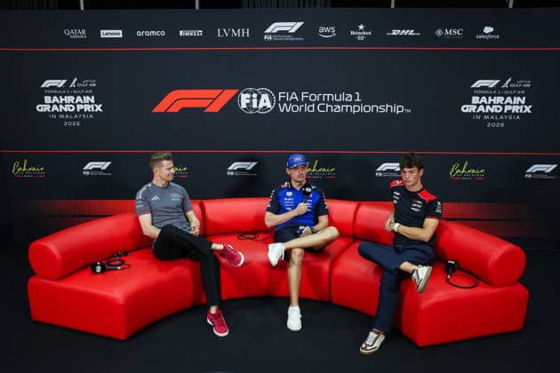 F1 - BAHRAIN GRAND PRIX IN MALAYSIA 2026 press conference, PK, Pressekonferenz HULKENBERG Nico (ger), Audi F1 Team R26, VERSTAPPEN Max (nld), Red Bull Racing Ford RB22, BEARMAN Ollie Oliver (gbr), TGR Haas F1 Team VF-26, portrait during the 2026 Formula 1 Bahrain Grand Prix in Malaysia, 16th round of the 2026 Formula One World Championship, WM, Weltmeisterschaft from October 2 to 4, 2026 on the Sepang International Circuit, in Sepang, Malaysia - SepangMalaysia Copyright: xANTONINxVINCENTx
