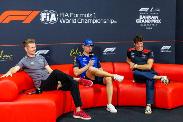 1st October 2026; Sepang IC, Kuala Lumpur, Malaysia; Formula 1, Bahrain Grand Prix, Arrival Day; Audi Revolut F1 Team driver Nico Hulkenberg of Germany, Oracle Red Bull Racing driver Max Verstappen of Netherlands, TGR Haas F1 Team driver Oliver Bearman of Great Britain during the press conference, PK, Pressekonferenz at the Bahrain Grand Prix StephenxBlackberry