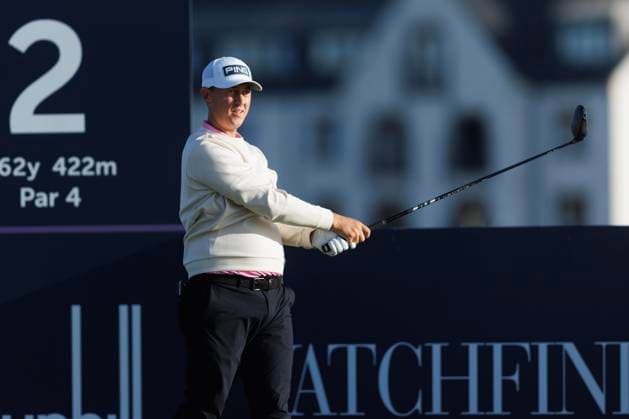1st October 2026; Carnoustie Golf Links, Carnoustie, Angus, Scotland; DP World Tour Golf, Alfred Dunhill Links Championship, Day 1; Joe Dean of England watches the flight of his shot from the tee on the second hole DavidxYoung