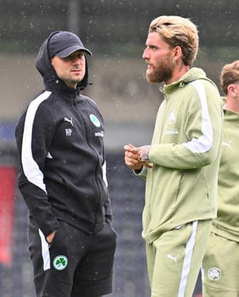 October 1, 2026 Soccer Season 2026–2027 Exhibit Match Friendly Match Preseason Match VfB Stuttgart vs. SpVgg Greuther Fürth Kleeblatt Sports Photo by Zink xwoxzix; regulations prohibit any use of photographs as image sequences and or quasi-video; for editorial use only Aleksandro Petrovic, Assistant Coach, SpVgg Greuther Fürth; Ole Pohlmann, No. 10, SpVgg Greuther Fürth, before kickoff