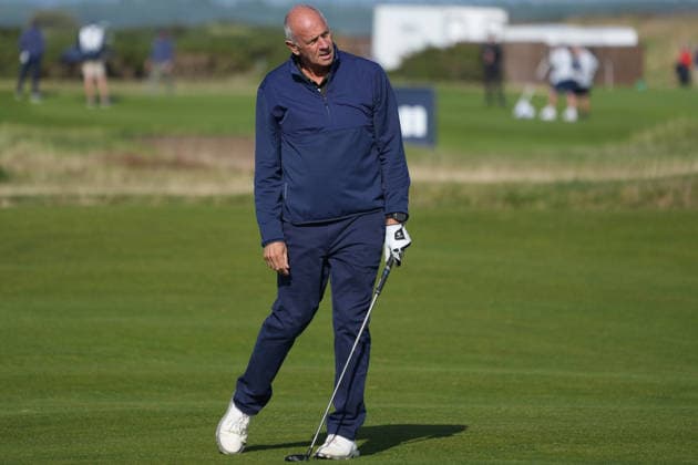 RECORD DATE NOT STATED 1st October 2026; Old Course at St Andrews, Mount Melville, Scotland; DP World Tour Golf, Alfred Dunhill Links Championship, Day 1; Steve Redgrave reacts after playing his approach shot at the 15th hole AlecxBrown