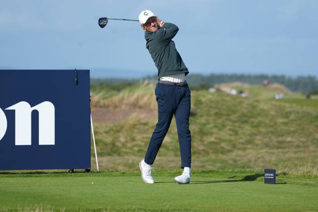 RECORD DATE NOT STATED 1st October 2026; Old Course at St Andrews, Mount Melville, Scotland; DP World Tour Golf, Alfred Dunhill Links Championship, Day 1; Adrian Meronk plays his tee shot on the 16th hole AlecxBrown