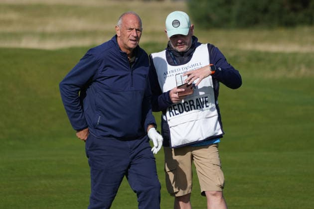 RECORD DATE NOT STATED 1st October 2026; Old Course at St Andrews, Mount Melville, Scotland; DP World Tour Golf, Alfred Dunhill Links Championship, Day 1; Steve Redgrave talks with his caddie before playing his approach shot at the 15th hole AlecxBrown