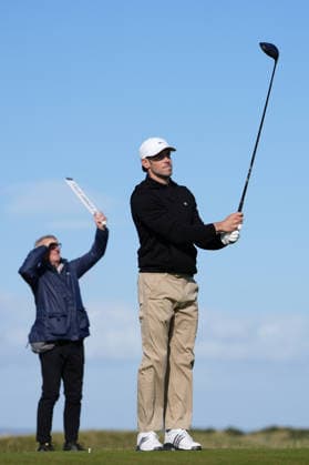 RECORD DATE NOT STATED 1st October 2026; Old Course at St Andrews, Mount Melville, Scotland; DP World Tour Golf, Alfred Dunhill Links Championship, Day 1; Gareth Bale plays his tee shot on the 16th hole AlecxBrown