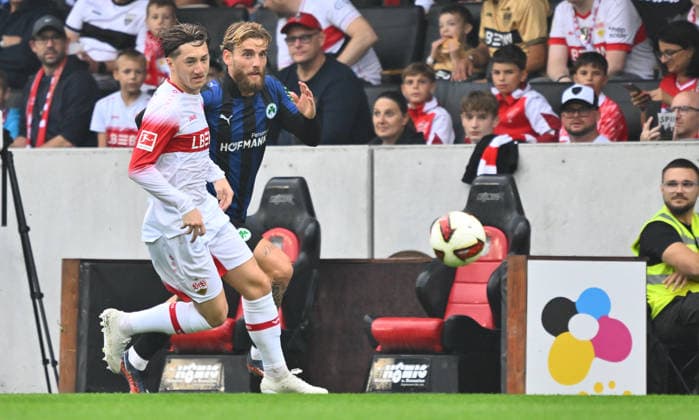 October 1, 2026 Soccer Season 2026–2027 Exhibition Match Friendly Match Preseason Match VfB Stuttgart SpVgg Greuther Fürth Kleeblatt Sports Photo Zink xwoxzix Regulations prohibit any use of photographs as image sequences and or quasi-video; for editorial use only. Angelo Stiller 6, VfB Stuttgart; Ole Pohlmann 10, SpVgg Greuther Fürth