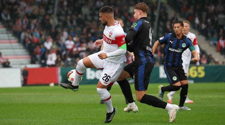 October 1, 2026, Germany, Aspach Soccer: VfB Stuttgart vs. SpVgg Greuther Fürth; from left: Deniz Undav (VfB), Elias Benkara (Fürth)