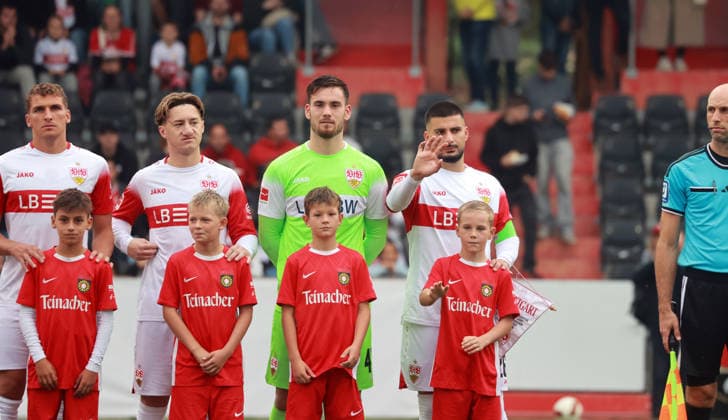October 1, 2026 VfB Stuttgart vs. SpVgg Greuther Fürth Germany, Großaspach, October 1, 2026, Soccer, Bundesliga, 2026–2027 season, Friendly match, VfB Stuttgart vs. SpVgg Greuther Fürth; from left: Grischa Prömel, Angelo Stiller, Dennis Seimen, Deniz Undav—all VfB Stuttgart