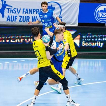 October 1, 2026, GER, Handball, Men, Season 26–27, Opel 1st Division, Matchday 7, ThSV Eisenach vs. TVB Stuttgart, Philipp Meyer (TVB Stuttgart), Oskar Joelsson (ThSV Eisenach), 3 99817 Eisenach, Werner Assmann, Halle am Sportpark, Thuringia, Germany