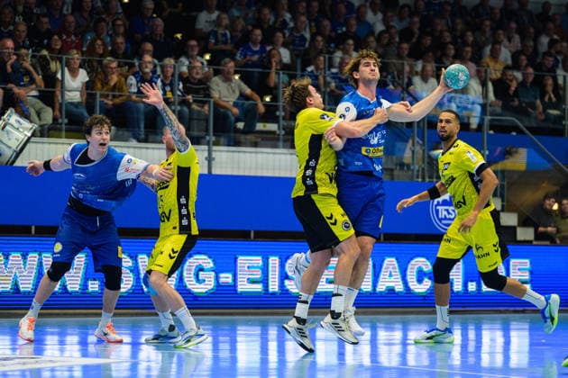 Felix Aellen, ThSV Eisenach, 22; Max Haefner, TVB Stuttgart, 03; Philipp Ahouansou, TVB Stuttgart, 05; Patrick Zieker, TVB Stuttgart, 25; Tillman Leu, ThSV Eisenach, 99 GER, ThSV Eisenach vs. TVB Stuttgart, Opel Handball Bundesliga 1, Handball, Matchday 7, 2026–2027 season, 7:00 p.m., October 1, 2026 GER, ThSV Eisenach vs. TVB Stuttgart, 1st Opel Handball Bundesliga, Handball, Matchday 7, 2026–2027 season, 7:00 p.m., October 1, 2026 Eisenach Copyright: xMartinxHerbstx
