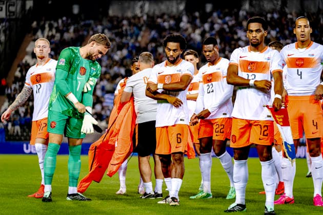 THESSALONIKI: Netherlands midfielder Quinten Timber and Netherlands defender Jurriën Timber during the UEFA Nations League match between Greece and the Netherlands at Toumba Stadium on October 1, 2026, in Thessaloniki, Greece. Photo by DeFodi Images