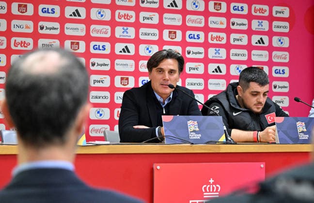 Turkiye Head Coach Montella and Arda Guler hold press conference, PK, Pressekonferenz ahead of Belgium match LIEGE, BELGIUM - OCTOBER 1: Turkiye national football team head coach Vincenzo Montella (L) and national player Arda Guler (not seen) hold a joint press conference at the Maurice Dufrasne Stadium ahead of their UEFA Nations League League A Group 1 match against Belgium in Liege, Belgium on October 1, 2026. Dursun Aydemir Anadolu Liege Belgium. Editorial use only. Please get in touch for any other usage.  Copyright: x2026xAnadoluxDursunxAydemirx