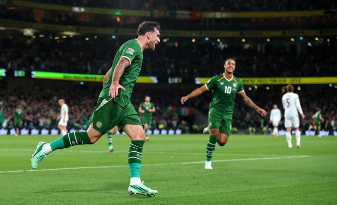 UEFA Nations League Group Stage, Aviva Stadium, Dublin 1 10 2026 Republic of Ireland vs Austria Ireland s Troy Parrott celebrates scoring his sides first goal Troy Parrott celebrates scoring his sides first goal 1 10 2026  Copyright: xx RB2_7233