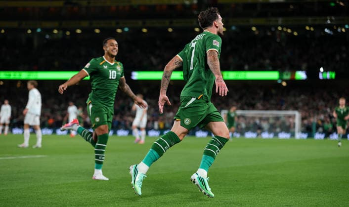 UEFA Nations League Group Stage, Aviva Stadium, Dublin 1 10 2026 Republic of Ireland vs Austria Ireland s Troy Parrott celebrates scoring his sides first goal Troy Parrott celebrates scoring his sides first goal 1 10 2026  Copyright: xx RB2_7244