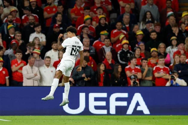 Cardiff, Wales, 1st October 2026. Oscar Bobb of Norway celebrates after scoring a goal to make it 0-1 during the Wales vs Norway UEFA Nations League match at the Cardiff City Stadium, Cardiff. Picture credit should read: Cody Froggatt Sportimage EDITORIAL USE ONLY. No use with unauthorised audio, video, data, fixture lists, club league logos or live services. Online in-match use limited to 120 images, no video emulation. No use in betting, games or single club league player publications. SPI_030_CF_WALES_NORWAY SPI-5050-0030