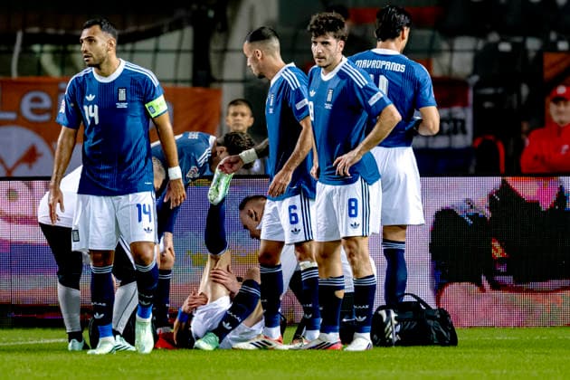 Christos Tzolis, a forward for Thessaloniki, Greece, sustained an injury during the UEFA Nations League match between Greece and the Netherlands at Toumba Stadium on October 1, 2026, in Thessaloniki, Greece. Photo by DeFodi Images