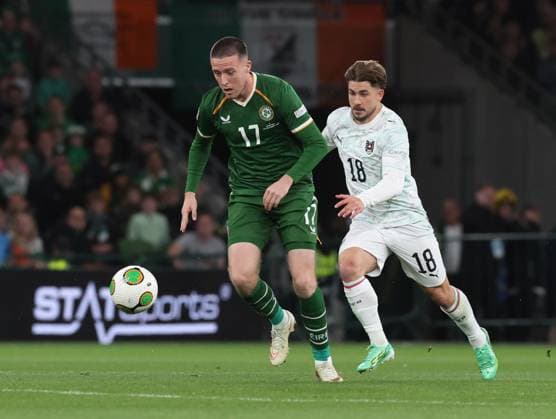 Ireland s Jack Moylan and Romano Schmid of Austria Republic of Ireland v Austria, UEFA Nations League, League B - Group 3, International Football, Aviva Stadium, Dublin, Ireland - 01 Oct 2026Dublin Aviva Stadium Ireland  Copyright: xLorrainexO Sullivan Shutterstockx 17178960y