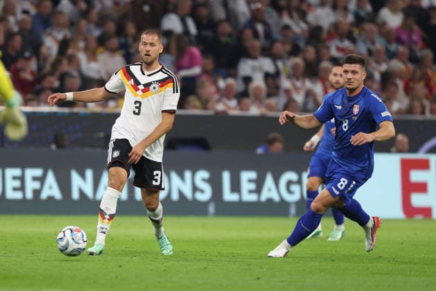 Waldemar Anton, Germany, 03, with Luka Jovic, Serbia, 08, GER, Germany vs. Serbia, Soccer, UEFA Nations League, Matchday 3, 2026–2027 Season, October 1, 2026, GER, Germany vs. Serbia, Soccer, UEFA Nations League, Matchday 3, 2026–2027 Season, October 1, 2026, Munich Copyright: xEibner-Pressefoto JennixMaulx EP_JML
