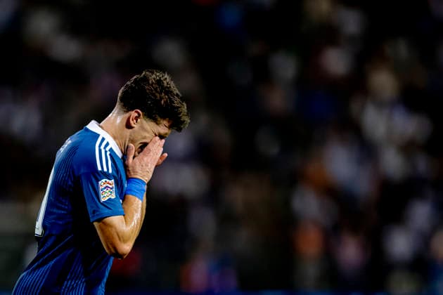 THESSALONIKI, Greece: Greece forward Christos Tzolis was injured during the UEFA Nations League match between Greece and the Netherlands at Toumba Stadium on October 1, 2026, in Thessaloniki, Greece. Photo by DeFodi Images