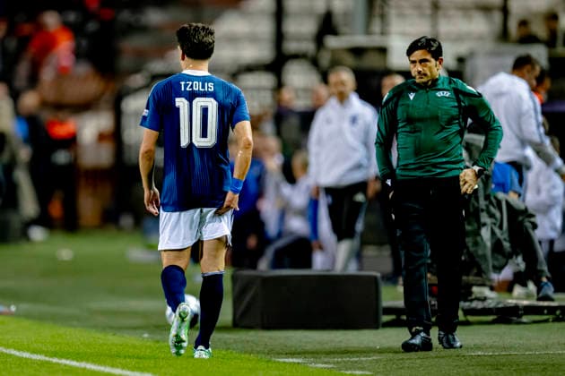 THESSALONIKI, Greece: Forward Christos Tzolis sustained an injury during the UEFA Nations League match between Greece and the Netherlands at Toumba Stadium on October 1, 2026, in Thessaloniki, Greece. Photo by DeFodi Images