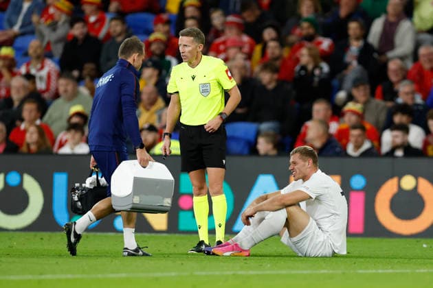 Cardiff, Wales, 1st October 2026. Julian Ryerson of Norway receives treatment for an injury during the Wales vs Norway UEFA Nations League match at the Cardiff City Stadium, Cardiff. Picture credit should read: Cody Froggatt Sportimage EDITORIAL USE ONLY. No use with unauthorised audio, video, data, fixture lists, club league logos or live services. Online in-match use limited to 120 images, no video emulation. No use in betting, games or single club league player publications. SPI_043_CF_WALES_NORWAY SPI-5050-0043