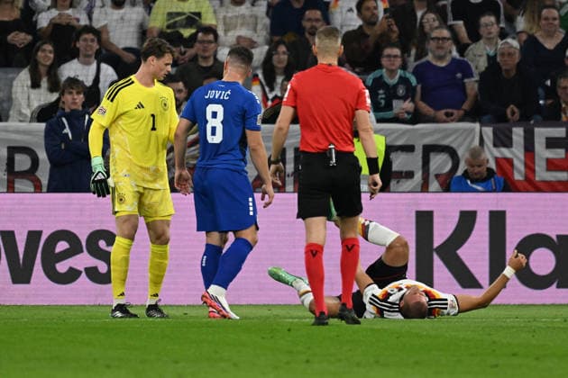 October 1, 2026, xsltx, soccer, UEFA Nations League, Germany vs. Serbia, Jonas Urbig, German national soccer team (DFB), Luka Jovic, Serbia, referee, Espen Eskas, Waldemar Anton, German national soccer team (DFB), injured, injury, pain, Munich
