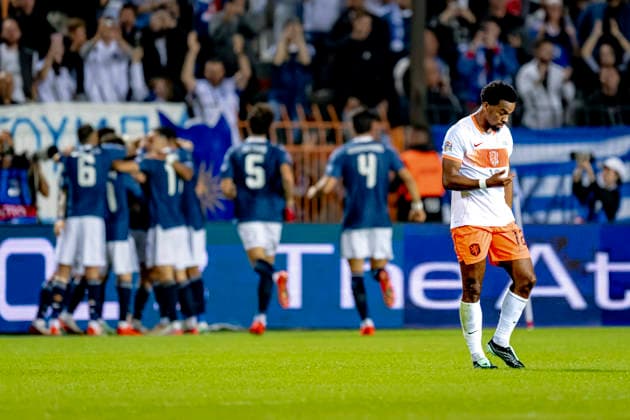 THESSALONIKI: Netherlands defender Jurriën Timber is frustrated by the goal during the UEFA Nations League match between Greece and the Netherlands at Toumba Stadium on October 1, 2026, in Thessaloniki, Greece. Photo by DeFodi Images