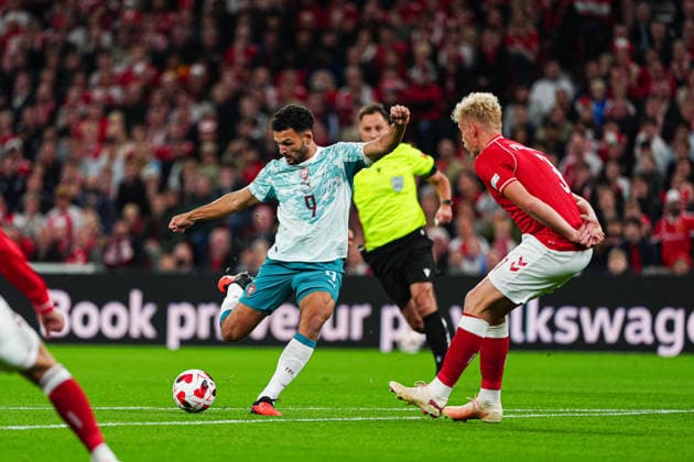 Shot on Goal, Scoring Chance: Gonçalo Ramos, Portugal; 09 DEN, Denmark vs. Portugal, Soccer, UEFA Nations League A, Group 4, Matchday 3, 2026–2027 Season, October 1, 2026, DEN, Denmark vs. Portugal, Soccer, UEFA Nations League A, Group 4, Matchday 3, 2026–2027 Season, October 1, 2026, Copenhagen Copyright: xEibner-Pressefoto MarcelxvonxFehrnx EP_MFN