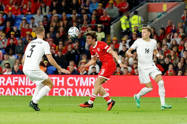 Cardiff, Wales, 1st October 2026. Lewis Koumas of Wales and Kristoffer Ajer and Marcus Pedersen of Norway during the Wales vs Norway UEFA Nations League match at the Cardiff City Stadium, Cardiff. Picture credit should read: Cody Froggatt Sportimage EDITORIAL USE ONLY. No use with unauthorised audio, video, data, fixture lists, club league logos or live services. Online in-match use limited to 120 images, no video emulation. No use in betting, games or single club league player publications. SPI_046_CF_WALES_NORWAY SPI-5050-0046