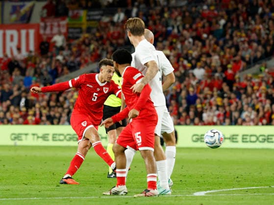 Cardiff, Wales, 1st October 2026. Ethan Ampadu of Wales has a shot at goal during the Wales vs Norway UEFA Nations League match at the Cardiff City Stadium, Cardiff. Picture credit should read: Cody Froggatt Sportimage EDITORIAL USE ONLY. No use with unauthorised audio, video, data, fixture lists, club league logos or live services. Online in-match use limited to 120 images, no video emulation. No use in betting, games or single club league player publications. SPI_052_CF_WALES_NORWAY SPI-5050-0052
