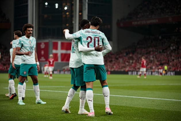 Joao Cancelo seen celebrating after scoring goal during UEFA Nations League Division A game between National Teams of Denmark and Portugal (Ernest Kolodziej Ball Raw Images) Copenhagen Parken Denmark Copyright: xErnestxKolodziejx ernestkolodziej_denmark_portugal_2627-28
